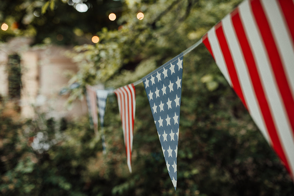 triangle american flags hung in garden
