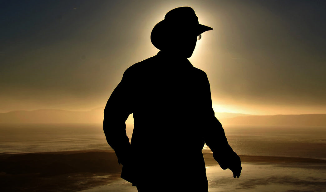 Cowboy silhouette with ocean in the background, glasses, and a cowboy hat