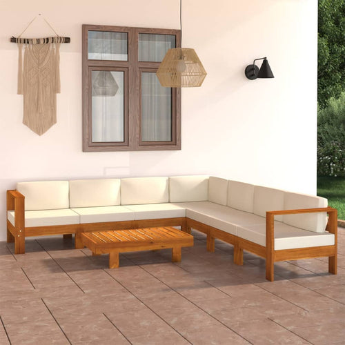 Set mobilier grădină perne alb crem, 8 piese, lemn masiv acacia