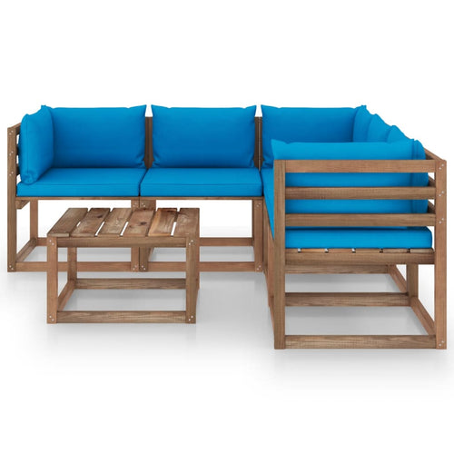Set mobilier de grădină cu perne bleu, 6 piese, lemn pin tratat