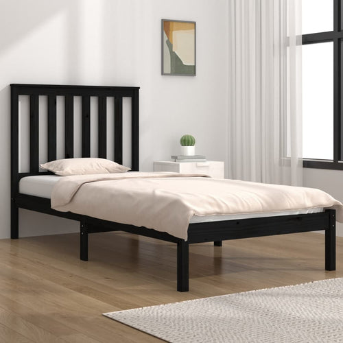 Cadru de pat mic single, negru, 75x190 cm, lemn masiv de pin
