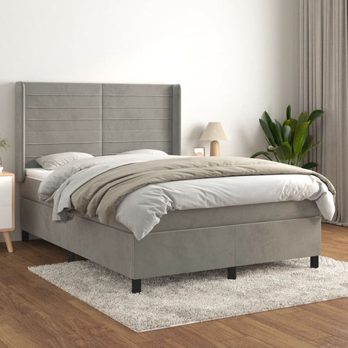 Pat box spring cu saltea, gri deschis, 140x190 cm, catifea