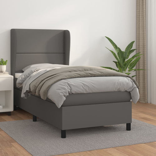 Pat box spring cu saltea, gri, 90x190 cm, piele ecologică