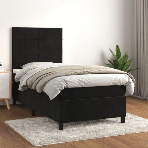 Pat box spring cu saltea, negru, 100x200 cm, catifea