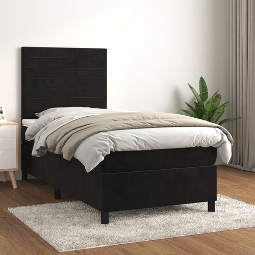 Pat box spring cu saltea, negru, 90x190 cm, catifea