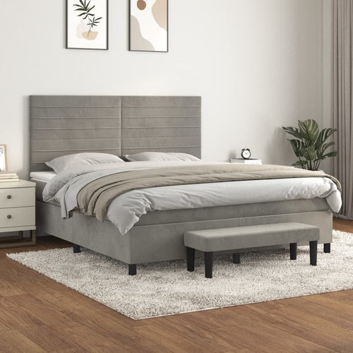 Pat box spring cu saltea, gri deschis, 160x200 cm, catifea