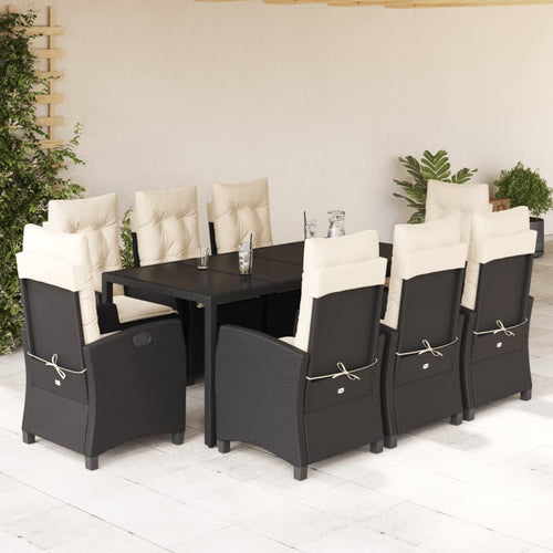 Set mobilier de grădină cu perne, 9 piese, negru, poliratan