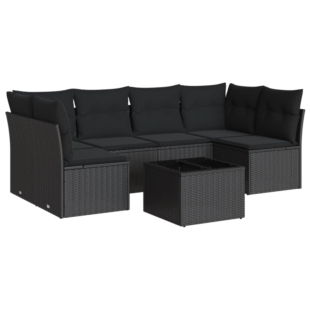 Set canapele de grădină cu perne, 7 piese, negru, poliratan