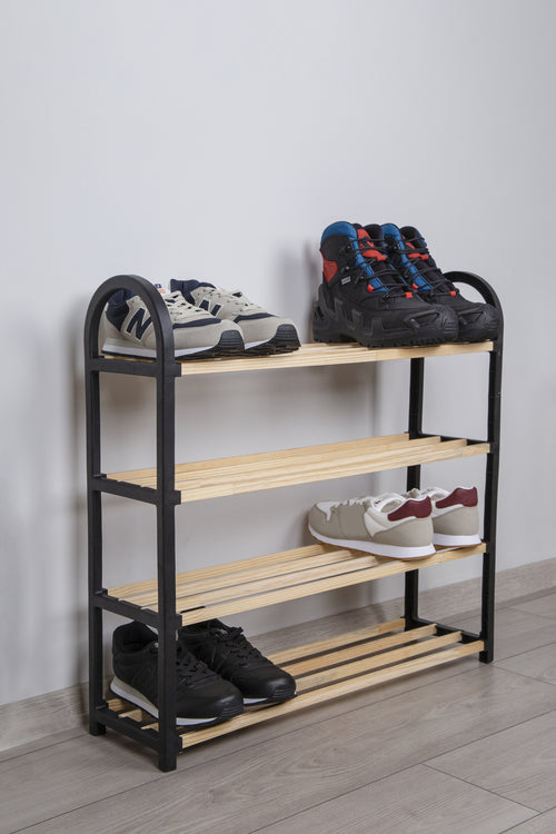 Raft pentru încălțăminte negru cu 4 compartimente Chawood, din lemn masiv pentru pantofi, raft cu tije din lemn Lando