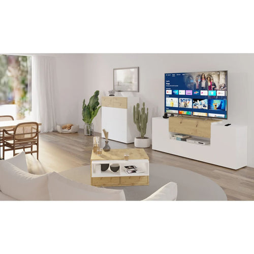 FMD Dulap TV/Hi-Fi, alb și stejar artizanal, 182x33x70,2 cm Lando