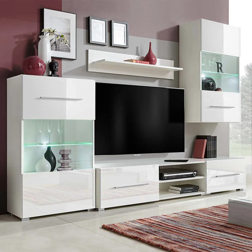 Set mobilier comodă TV de perete, 5 piese, iluminare LED, alb Lando