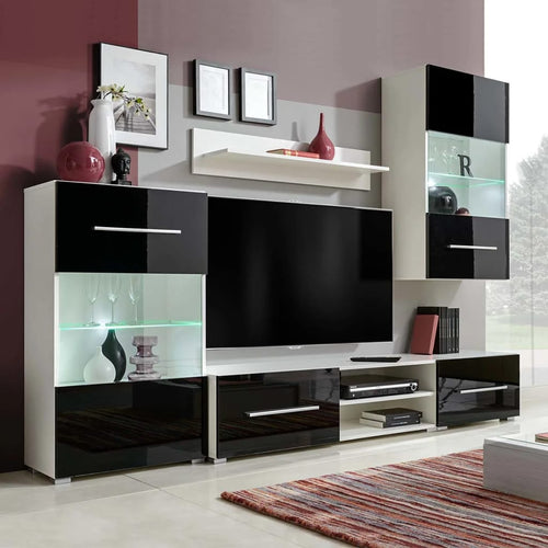 Set mobilier comodă TV de perete, 5 piese, iluminare LED, negru Lando