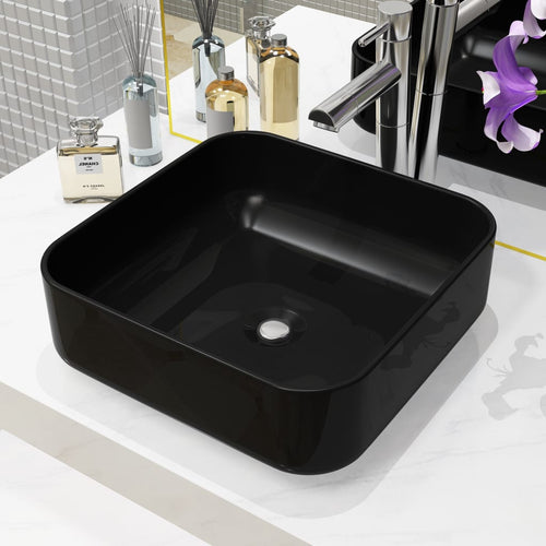 Chiuvetă de baie din ceramică, pătrată, negru, 38x38x13,5 cm Lando
