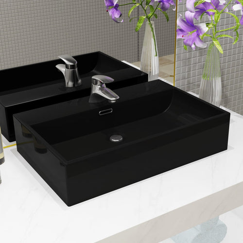 Chiuvetă baie, orificiu robinet, ceramică 76x42,5x14,5 cm negru Lando
