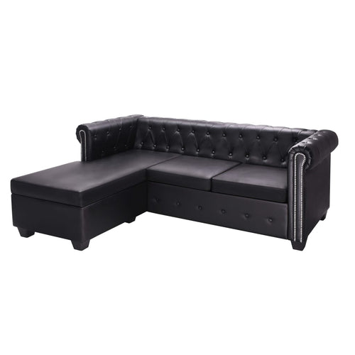 Canapea Chesterfield în formă de L, piele artificială, negru