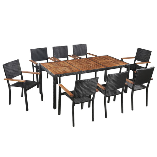 Set mobilier de exterior, 9 piese negru, poliratan, lemn acacia Lando