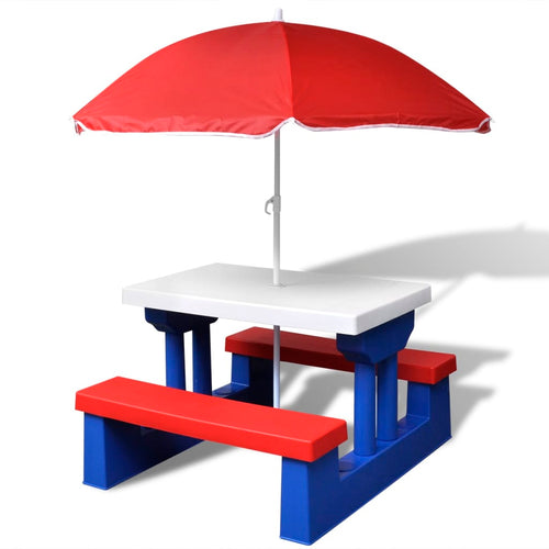 Masă de picnic pentru copii cu bănci & umbrelă, multicolor