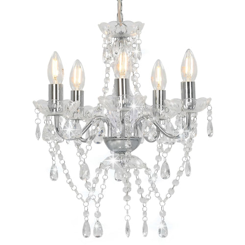 Candelabru cu mărgele de cristal, argintiu, rotund, 5 x E14 Lando