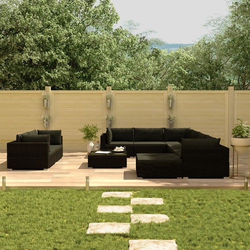 Set mobilier de grădină cu perne, 10 piese, negru, poliratan Lando