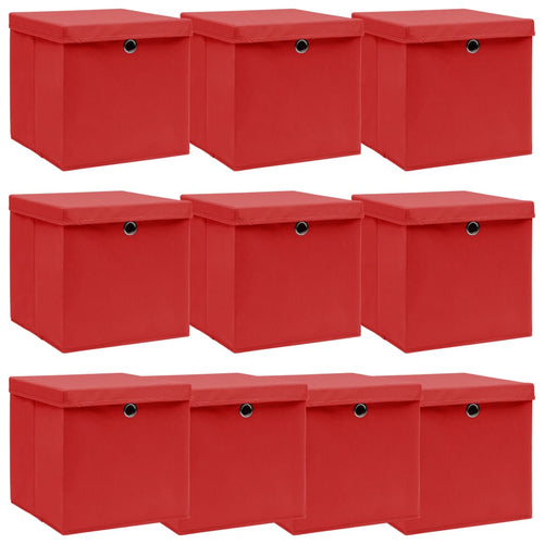 Cutii depozitare cu capace, 10 buc., roșu, 32x32x32 cm, textil Lando