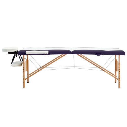 Masă de masaj pliabilă, 2 zone, alb și violet, lemn Lando