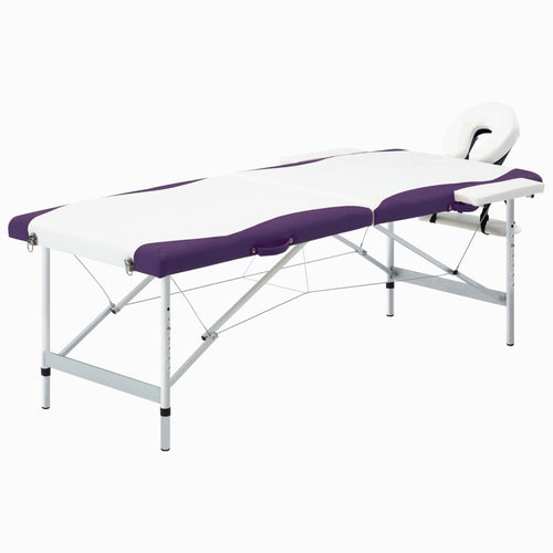 Masă pliabilă de masaj, 2 zone, alb și violet, aluminiu Lando
