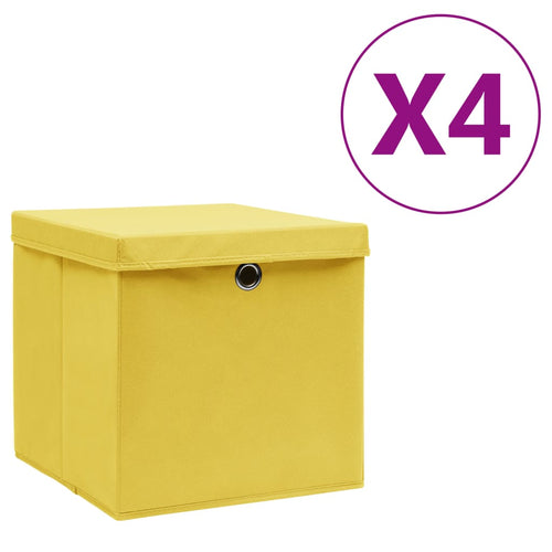 Cutii depozitare cu capace, 4 buc., galben, 28x28x28 cm