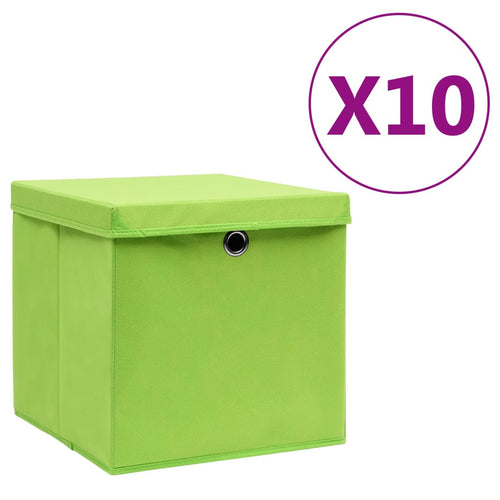 Cutii depozitare cu capace, 10 buc., verde, 28x28x28 cm