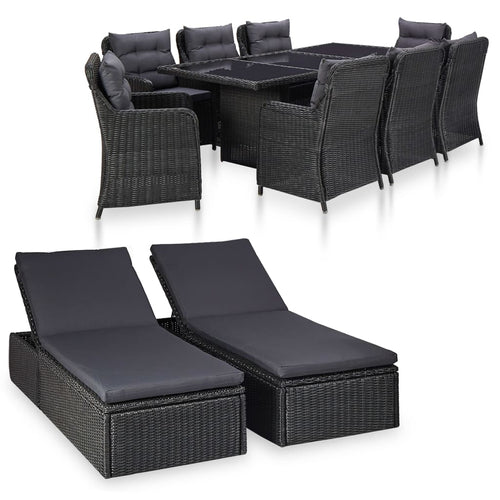 Set mobilier de exterior, 11 piese, negru, poliratan