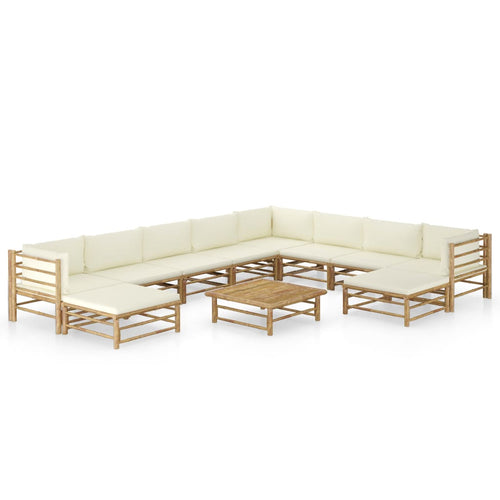 Set mobilier de grădină, cu perne alb crem, 11 piese, bambus