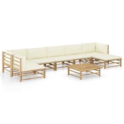 Set mobilier de grădină, cu perne alb crem, 8 piese, bambus