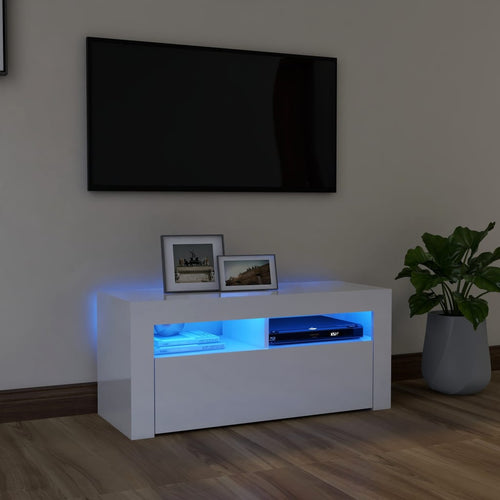 Comodă TV cu lumini LED, alb extralucios, 90x35x40 cm Lando