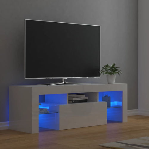 Comodă TV cu lumini LED, alb extralucios, 120x35x40 cm Lando
