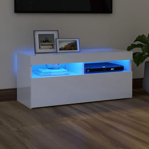 Comodă TV cu lumini LED, alb extralucios, 90x35x40 cm Lando
