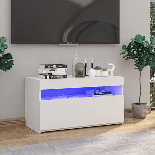 Comodă TV cu lumini LED, alb extralucios, 75x35x40 cm Lando