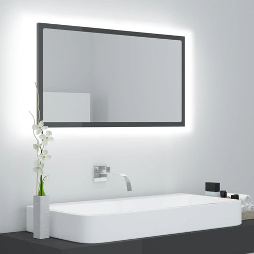 Oglindă de baie cu LED, gri extralucios, 80x8,5x37 cm, acril Lando
