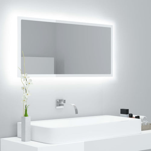 Oglindă de baie cu LED, alb extralucios, 90x8,5x37 cm, acril Lando