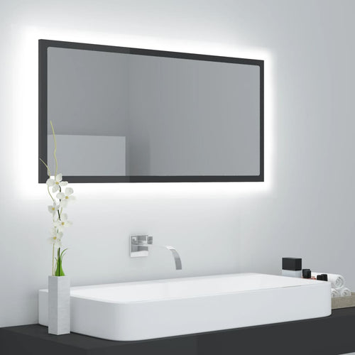 Oglindă de baie cu LED, gri extralucios, 90x8,5x37 cm, acril Lando