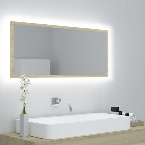 Oglindă de baie cu LED, stejar sonoma, 100x8,5x37 cm, acril Lando