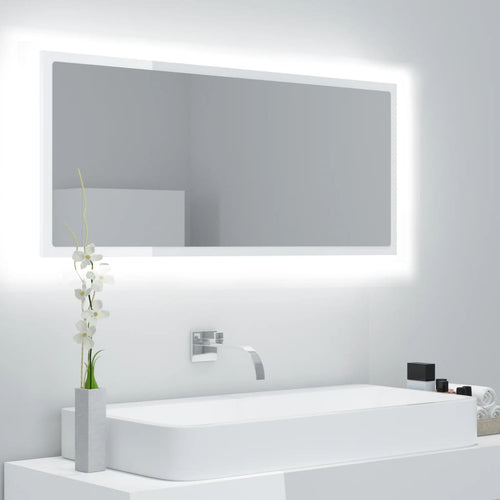 Oglindă de baie cu LED, alb extralucios, 100x8,5x37 cm, acril Lando