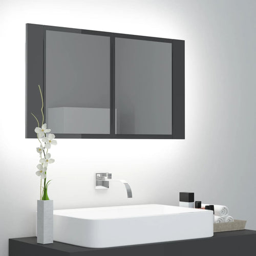 Dulap de baie cu oglindă și LED, gri extralucios 80x12x45 acril Lando