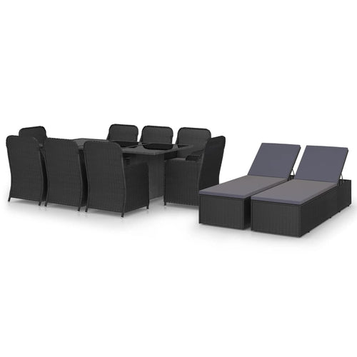 Set mobilier de grădină, 11 piese, negru, poliratan