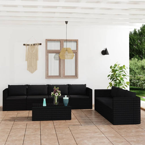 Set mobilier de grădină cu perne, 8 piese, negru, poliratan