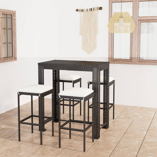 Set mobilier bar de grădină cu perne, 5 piese, negru, poliratan