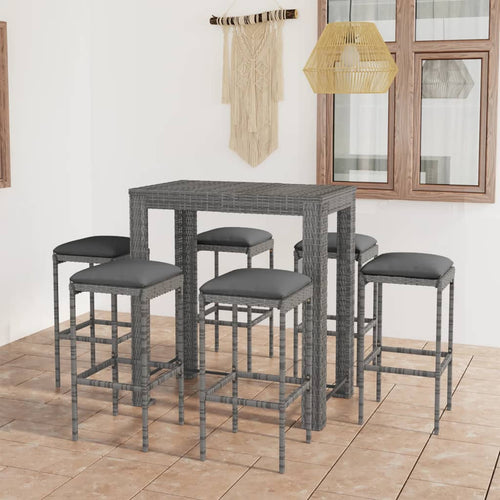 Set mobilier bar de grădină cu perne, 7 piese, gri, poliratan