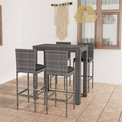 Set mobilier bar de grădină cu perne, 5 piese, gri, poliratan