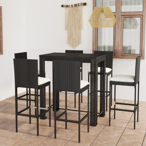 Set mobilier bar de exterior cu perne, 7 piese, negru poliratan