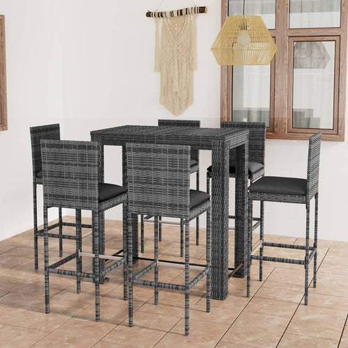 Set mobilier bar de grădină cu perne, 7 piese, gri, poliratan