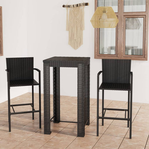 Set de bar de exterior cu cotieră, 3 piese, negru, poliratan