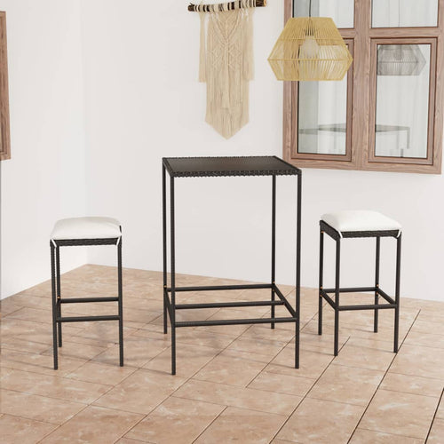 Set mobilier bar de grădină cu perne, 3 piese, negru, poliratan